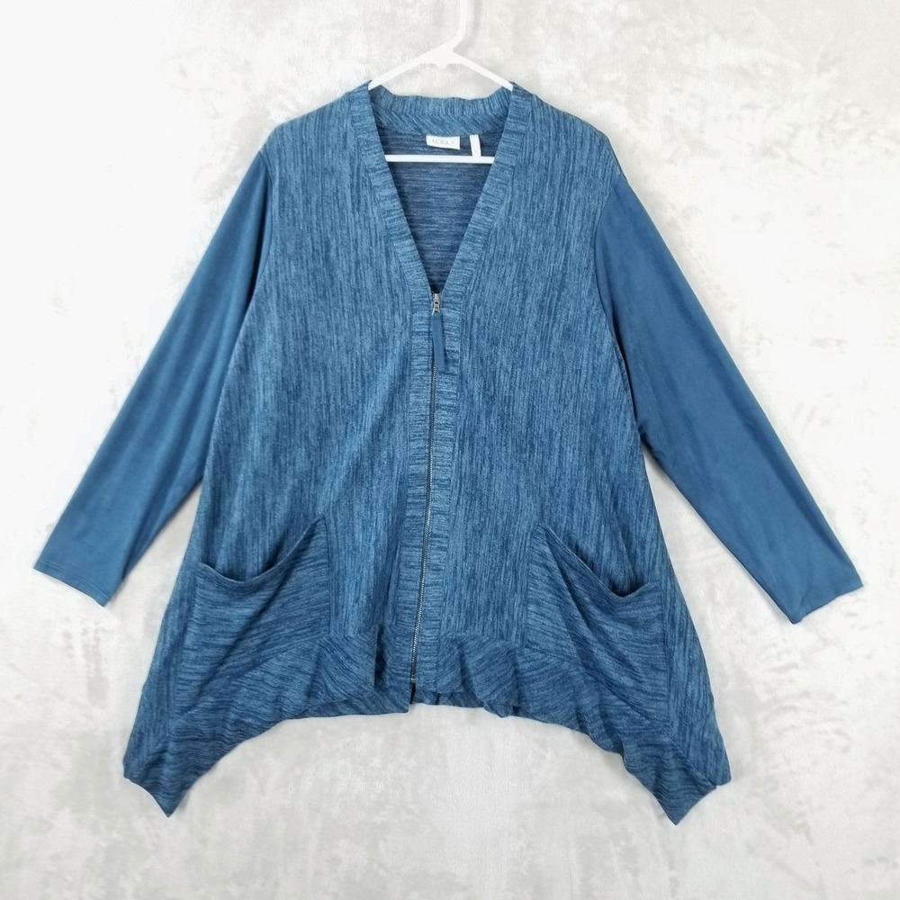 LOGO Lori Goldstein Cardigan Womens 1X Blue Zip Front Sharkbite Hem Mixed Media